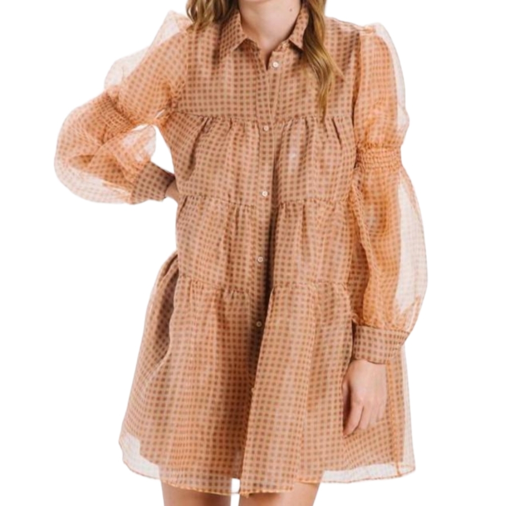 En Saison Organza Brown Check Long Sleeve Dress Medium
